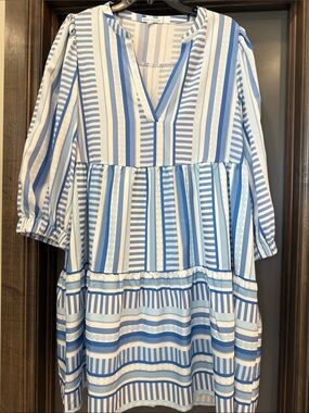 Striped Blue and White V-Neck Tiered Dress